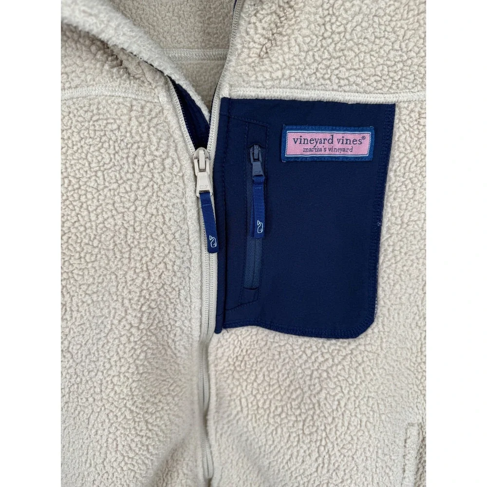 Vineyard Vines Boys Stillwater Sherpa Fleece Vest Tan Navy Preppy Zip Up Sz L 16